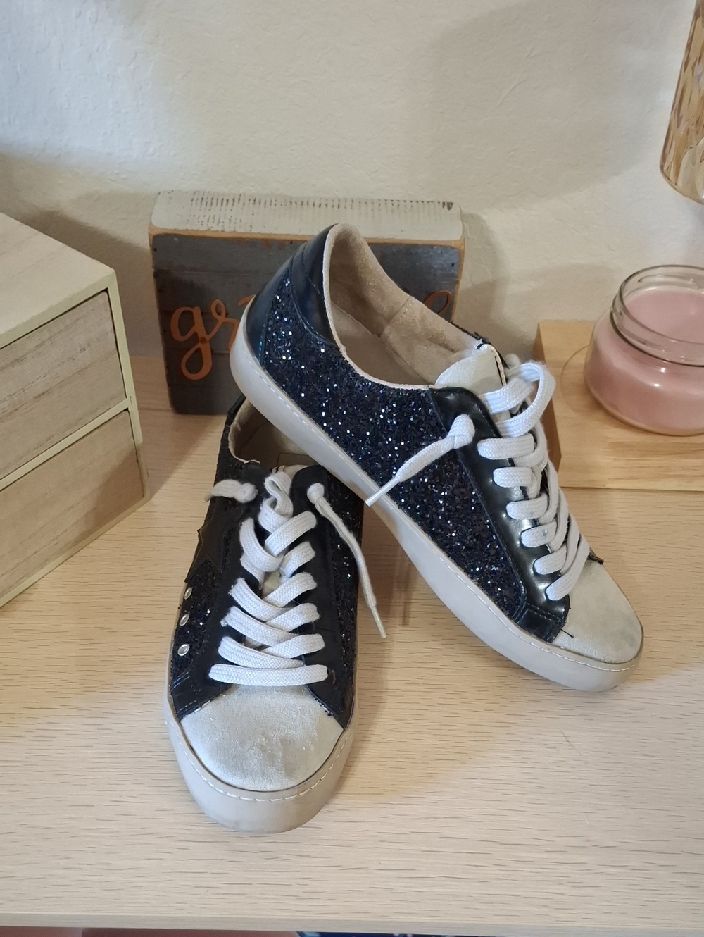 ShuShop Black Glitter Lace-Up Sneakers with White Accents